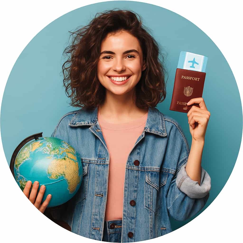 Seguro médico para extranjeros en España viaja con tranquilidad Mujer joven sonriente con pasaporte y globo terráqueo representando seguro médico para extranjeros en España