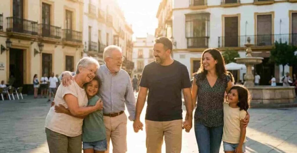 Familia feliz reunida en España con seguro médico reagrupación familiar España 2025
