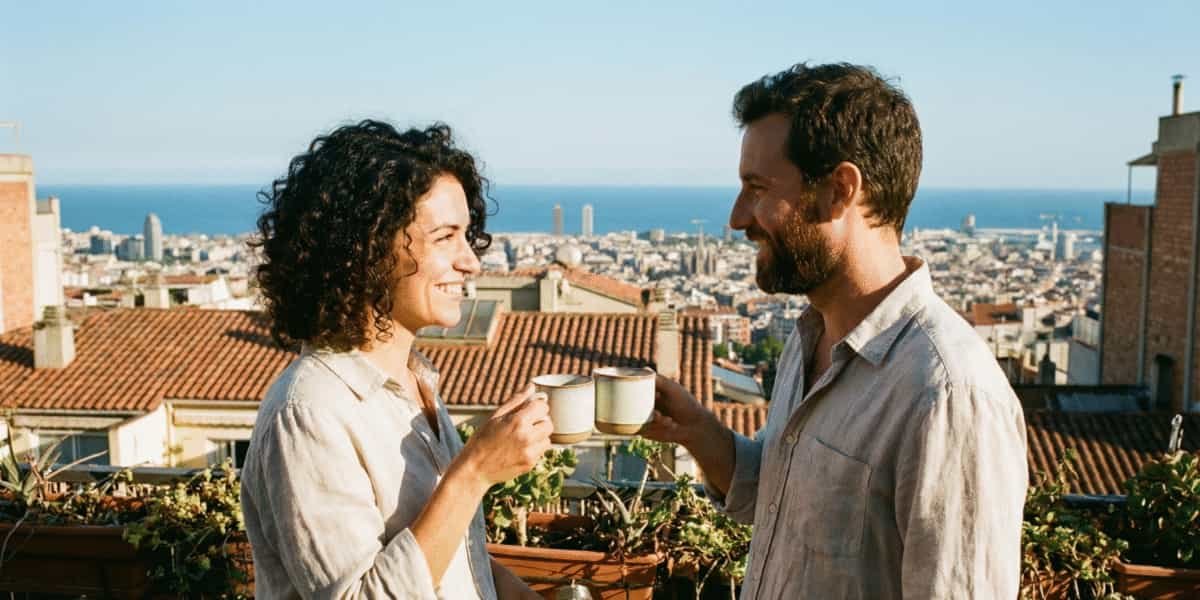 Pareja de extranjeros expatriados disfrutando de su residencia en España en una terraza soleada, con la tranquilidad de tener el seguro médico ASISA para extranjeros