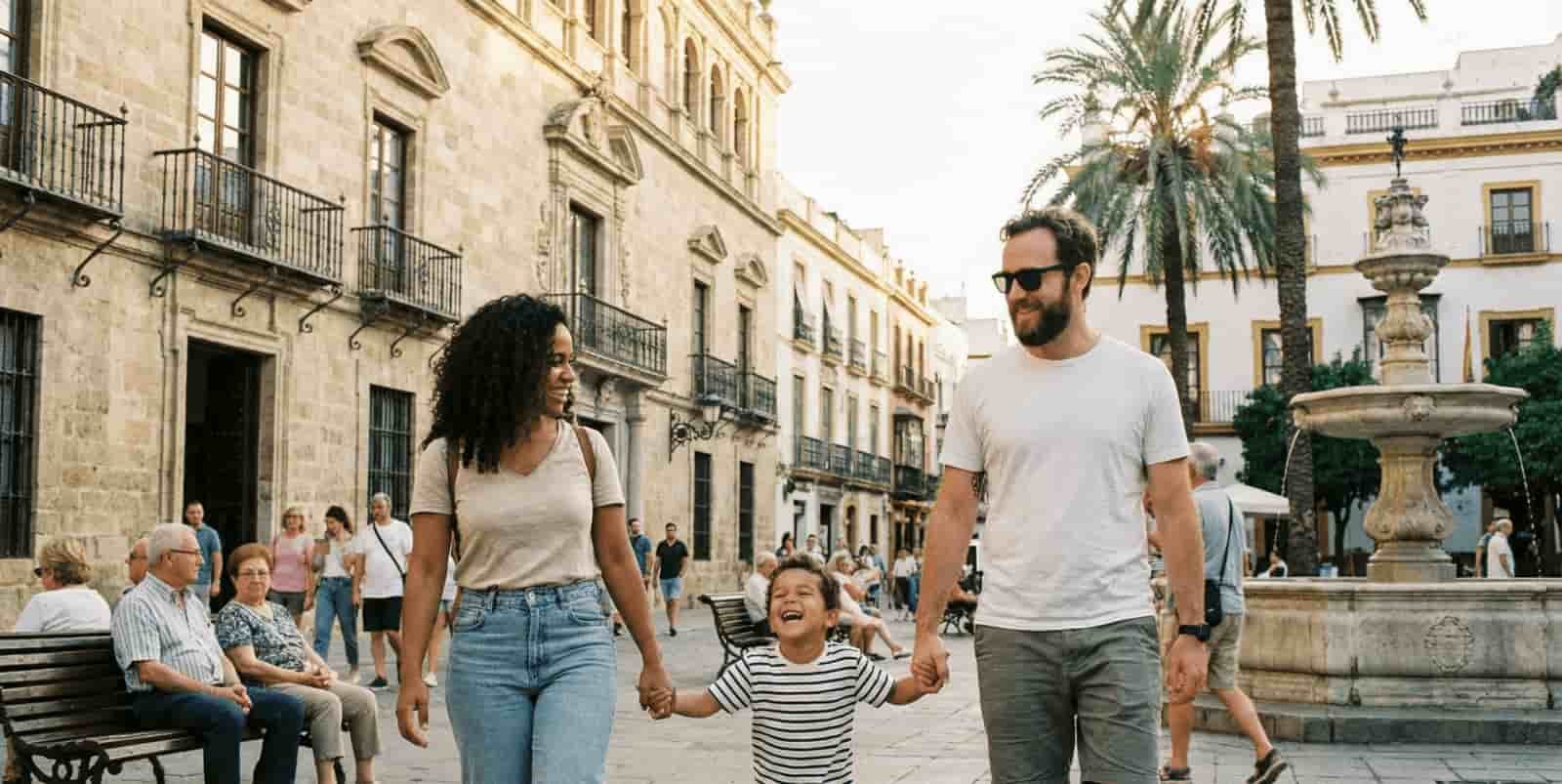 Familia de expatriados paseando felizmente por una plaza española, disfrutando de su residencia con la seguridad del seguro médico CASER para extranjeros