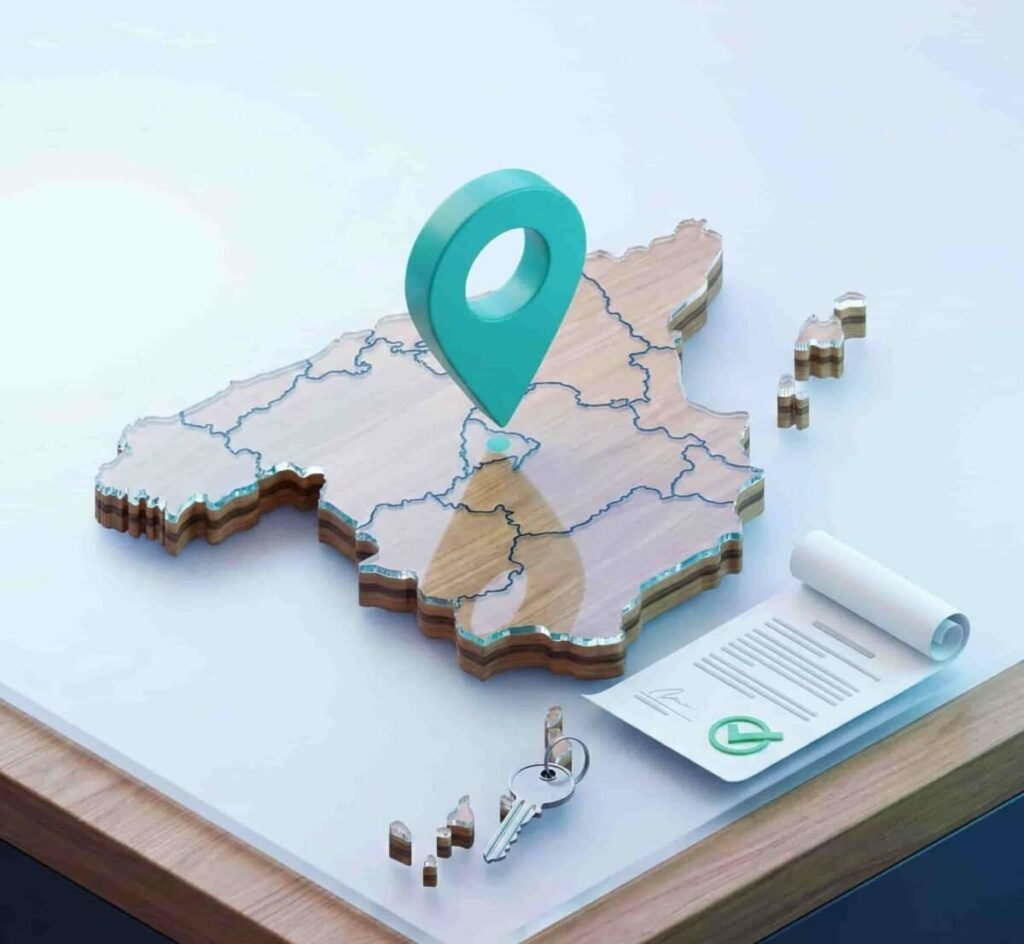 Ilustración 3D del proceso de empadronamiento en España para extranjeros, con mapa, llaves de vivienda y volante aprobado
