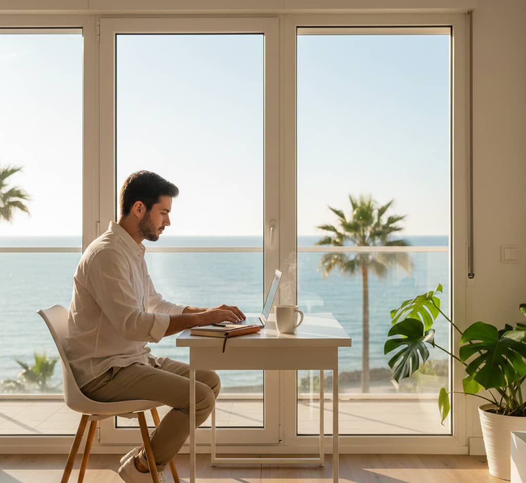 Profesional nómada digital trabajando desde España con portátil y vista al mar