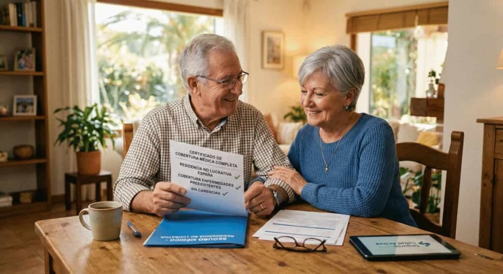 Pareja revisando el seguro médico residencia no lucrativa enfermedades preexistentes sin carencias