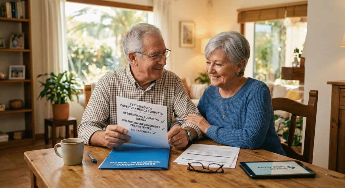 Pareja revisando el seguro médico residencia no lucrativa enfermedades preexistentes sin carencias