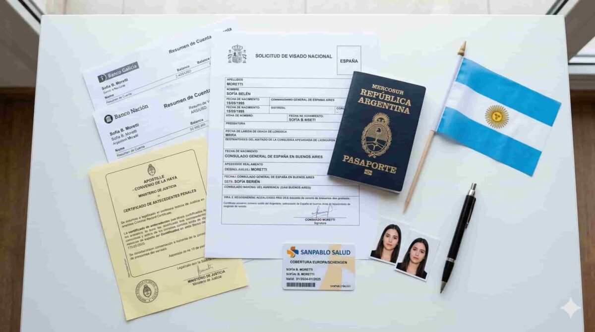Pasaporte argentino junto a la documentación para solicitar el visado de España