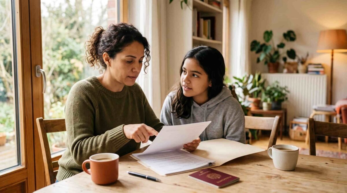 Madre e hija venezolanas revisando juntas la documentación y el pasaporte para el visado de España